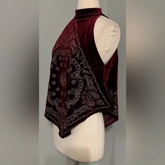 Free People Bandana Bling Velvet Tank XS Red Boho High Neck Festival Top - Picture 6 of 9